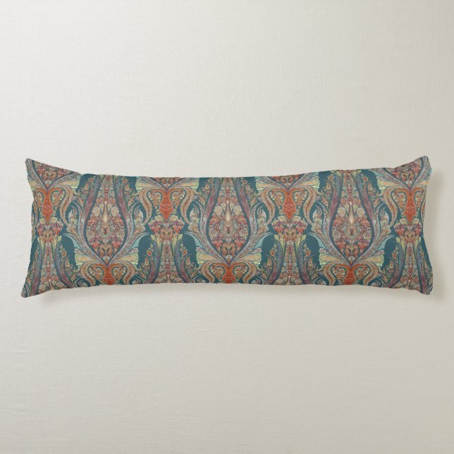 Hand Painted Kashmir Paisley Tribal Boho Chic Teal Body Cushion (Front)