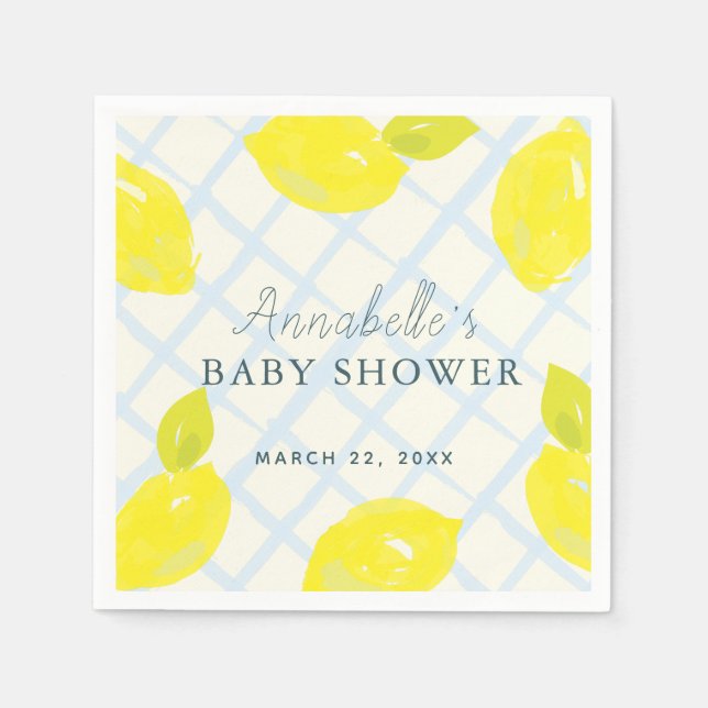 Hand-Painted Lemon Blue Baby Shower Napkin (Front)