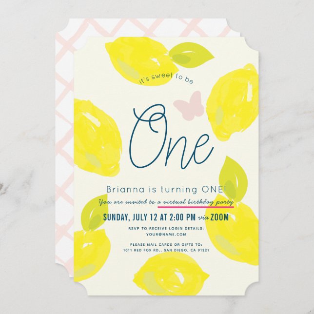 Hand Painted Lemon Girl Pink Virtual 1st Birthday Invitation (Front/Back)