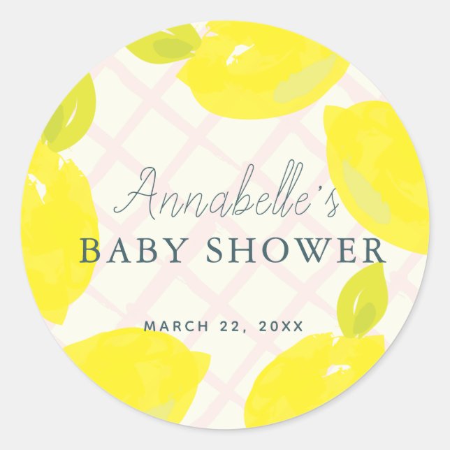 Hand Painted Lemon Pink Baby Shower Classic Round Sticker (Front)