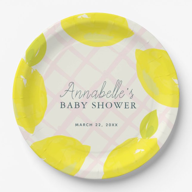 Hand-Painted Lemon Pink Baby Shower Paper Plate (Front)