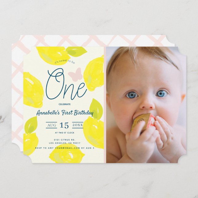 Hand Painted Lemon & Pink Check First Birthday Invitation (Front/Back)