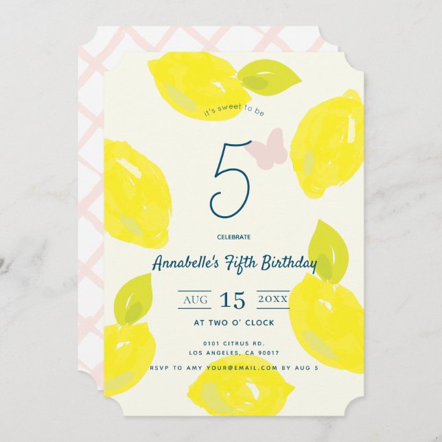 Hand Painted Lemon & Pink Check Girl Birthday Invitation (Front/Back)