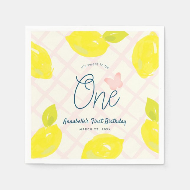 Hand-Painted Lemon Pink Girl 1st Birthday Napkin (Front)