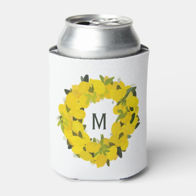 Hand Painted Lemon Wreath Monogram Can Cooler (Can Front)