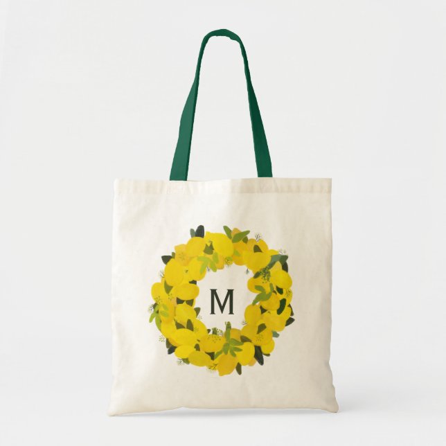 Hand Painted Lemon Wreath Monogram Tote Bag (Front)