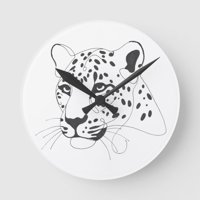 Hand Painted Leopard Minimalist Line Art Round Clock (Front)