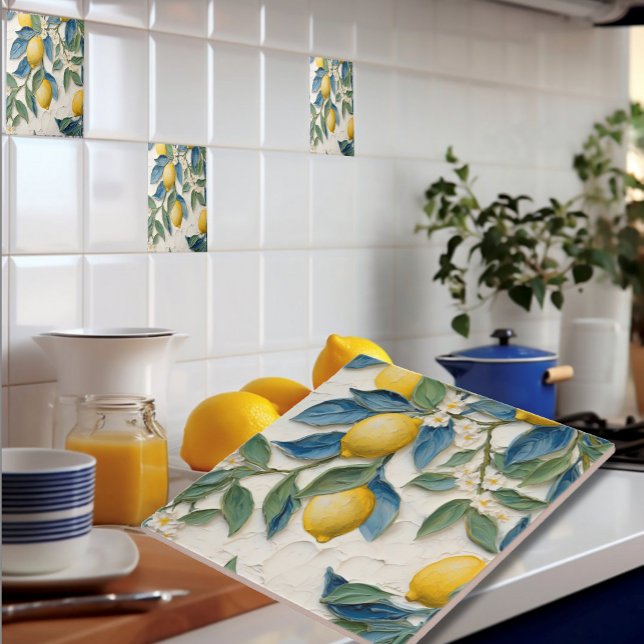 Hand-Painted Look Lemon Tile - Bridal Shower Favou (Hand Painted Look Lemons and Leaves with Blossoms - Ceramic Tile - Bridal Shower Favor)