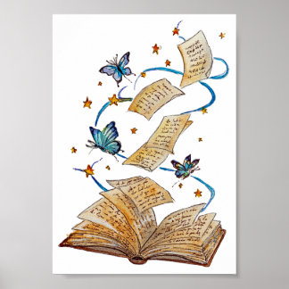 Hand Painted Magic Book Butterflies Watercolor art Poster