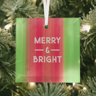 Hand Painted Merry and Bright Green and Red Glass Tree Decoration