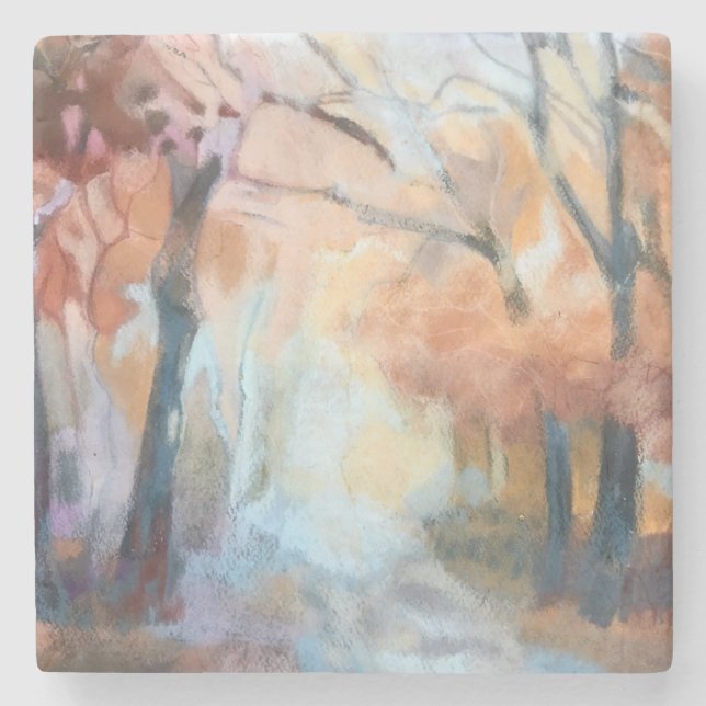 Hand painted modern orange yellow brown trees  stone coaster (Front)