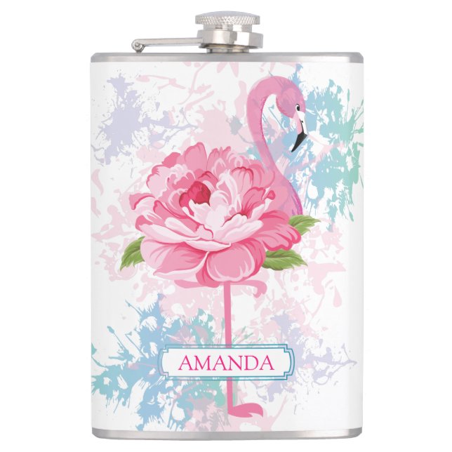 Hand painted Monogram flamingo Hip Flask (Front)