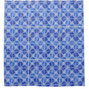 Hand Painted Moroccan Vintage Blue White Tile Shower Curtain
