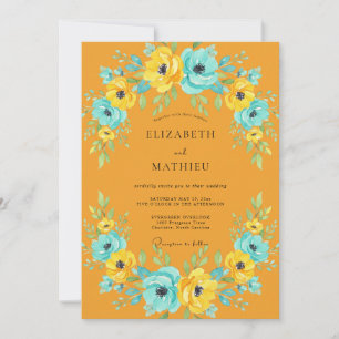 Hand Painted Mustard Turquoise Painted Wedding Invitation