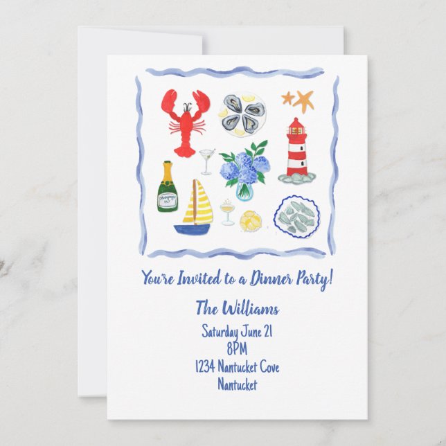 Hand Painted Nantucket Themed Dinner Party Invitation (Front)