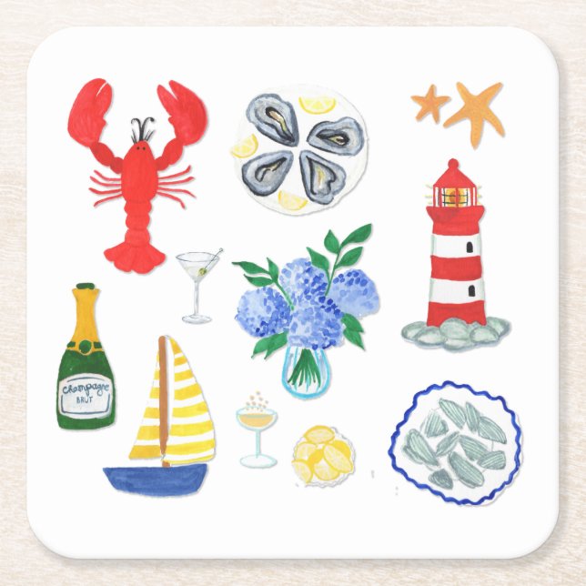 Hand Painted Nantucket Themed Square Paper Coaster (Front)