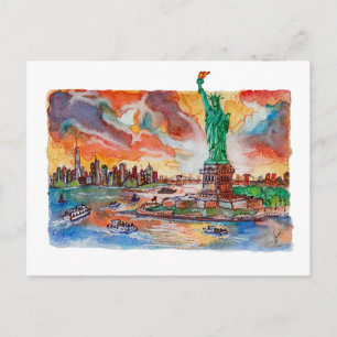Hand Painted New York Liberty Statue Watercolor Postcard