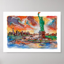 Hand Painted New York Liberty Statue Watercolor