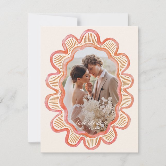 Hand-painted orange scalloped oval photo frame  (Front)