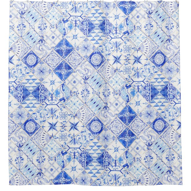 Hand Painted Patchwork Blue White Tile Pattern Shower Curtain (Front)