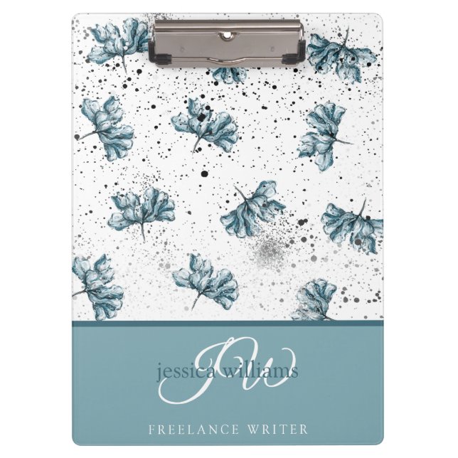 Hand painted personalised blue Floral Clipboard (Front)