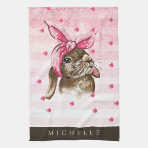 Hand painted personalised Bunny glitter Tea Towel