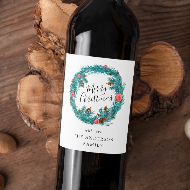Hand-Painted Pine Wreath Holiday Wine Label (Creator Uploaded)