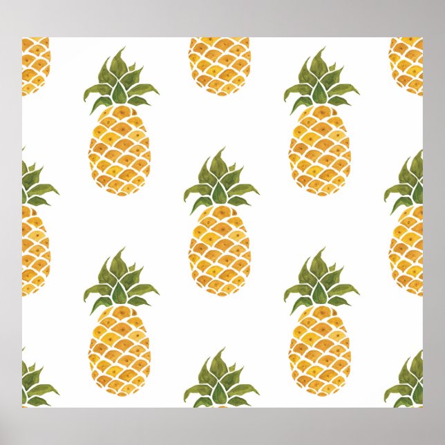 Hand-painted pineapples, watercolor background. poster (Front)