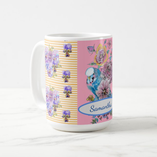 Hand Painted Pink Blue Budgie floral birds Mug (Front Left)