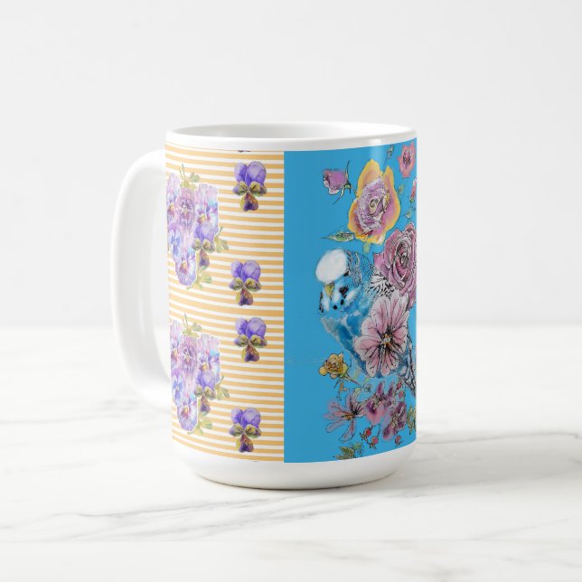 Hand Painted Pink Blue Budgie floral birds Mug (Front Left)