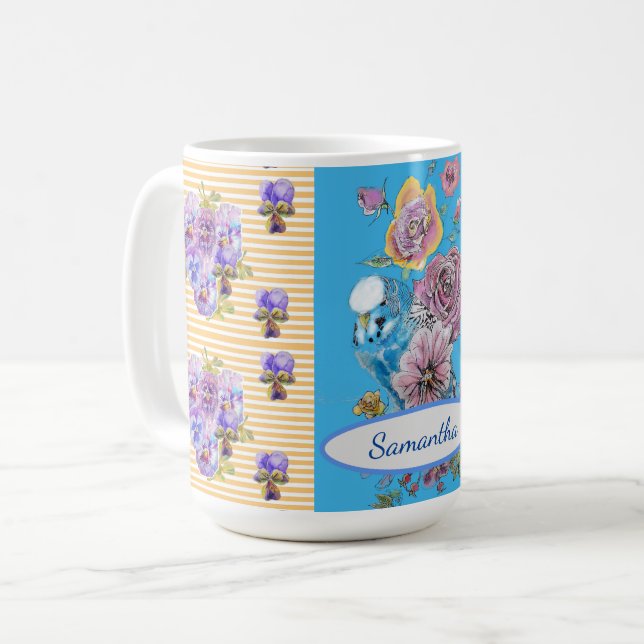 Hand Painted Pink Blue Budgie floral birds Mug (Front Left)