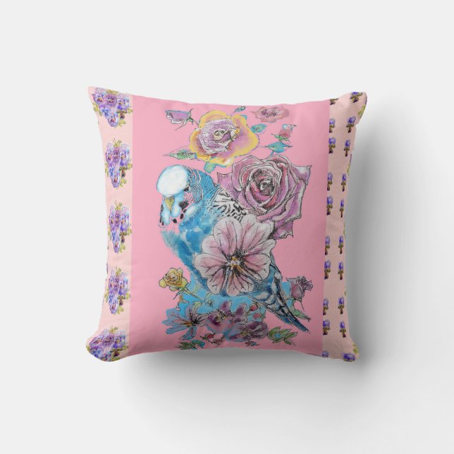 Hand Painted Pink Blue Budgie floral decor Cushion (Front)