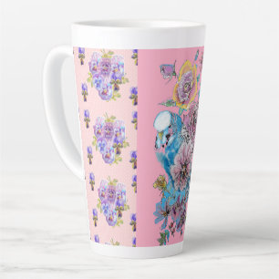 Hand Painted Pink Blue Budgie floral Latte Mug