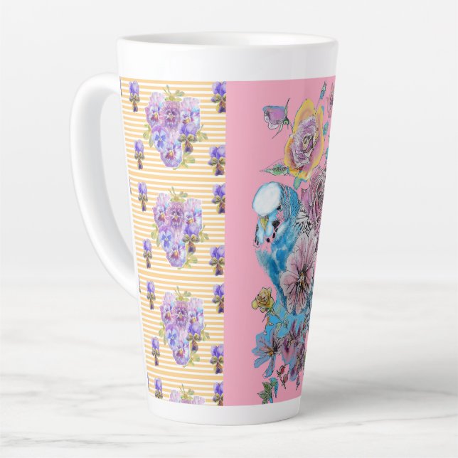 Hand Painted Pink Blue Budgie floral Latte Mug (Left Angle)