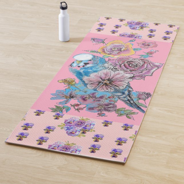 Hand Painted Pink Blue Budgie floral Yoga Mat (In Situ)