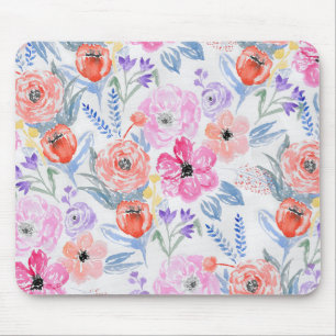 Hand painted pink coral watercolor flowers mouse mat