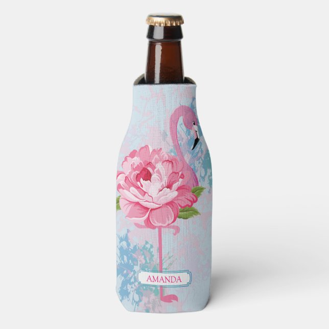 Hand painted pink flamingo bottle cooler (Bottle Front)