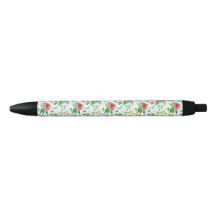 Hand Painted Pink Flowers Floral Pattern-23498 Black Ink Pen