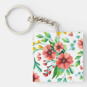 Hand Painted Pink Flowers Floral Pattern-23498 Key Ring