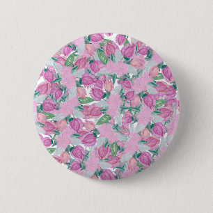 Hand painted pink green watercolor country floral 6 cm round badge