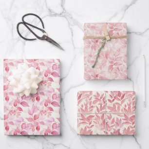Hand-Painted Pink Leaf Watercolor Pattern on White Wrapping Paper Sheet