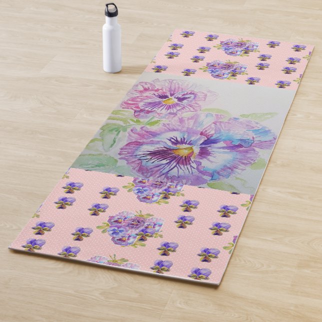 Hand Painted Pink Pansy Pansies floral Yoga Mat (In Situ)