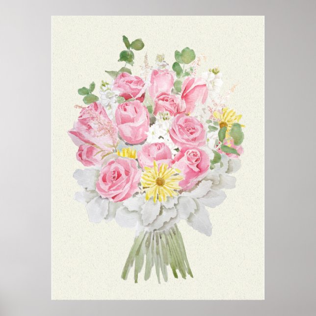 hand painted Pink rose and yellow daisy bouquet wa Poster (Front)