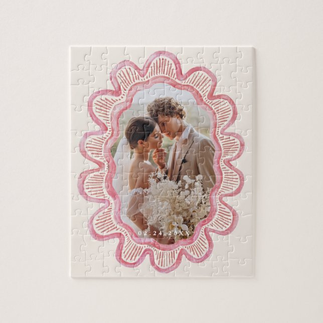 Hand-painted pink scalloped oval photo frame  jigsaw puzzle (Vertical)