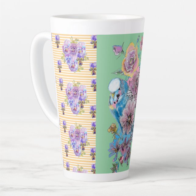 Hand Painted Pink Yellow Budgie floral Latte Mug (Left Angle)