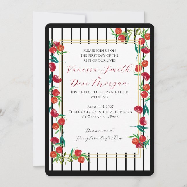 Hand-Painted Pomegranate Wedding Invitations (Front)