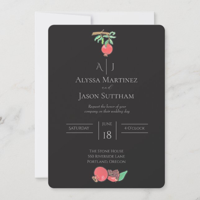 Hand-Painted Pomegranate Wedding Invitations (Front)