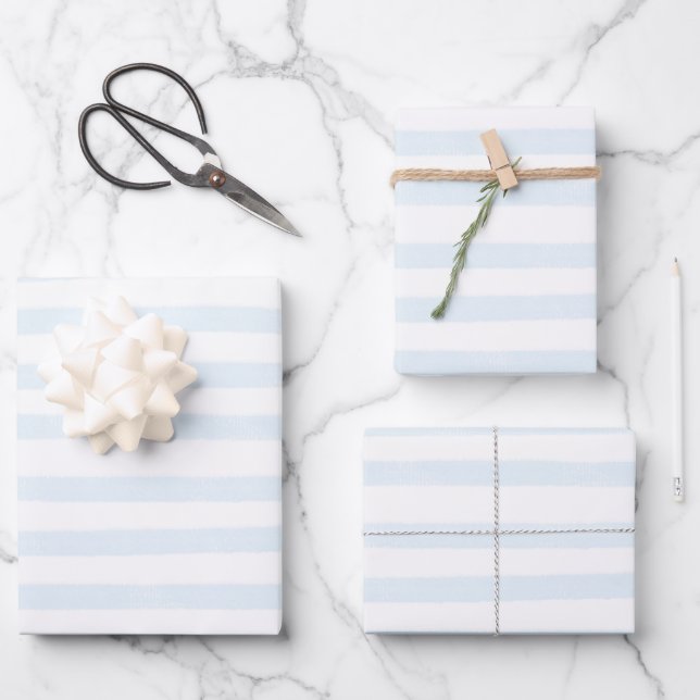 Hand Painted Preppy Light Blue Stripes Pattern Wrapping Paper Sheet (Front)