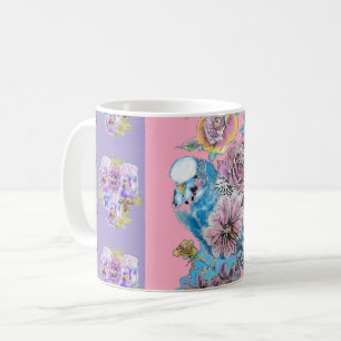 Hand Painted Purple Blue Budgie floral Mug