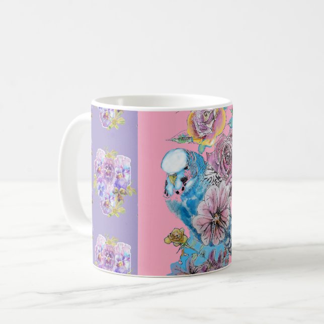 Hand Painted Purple Blue Budgie floral Mug (Front Left)